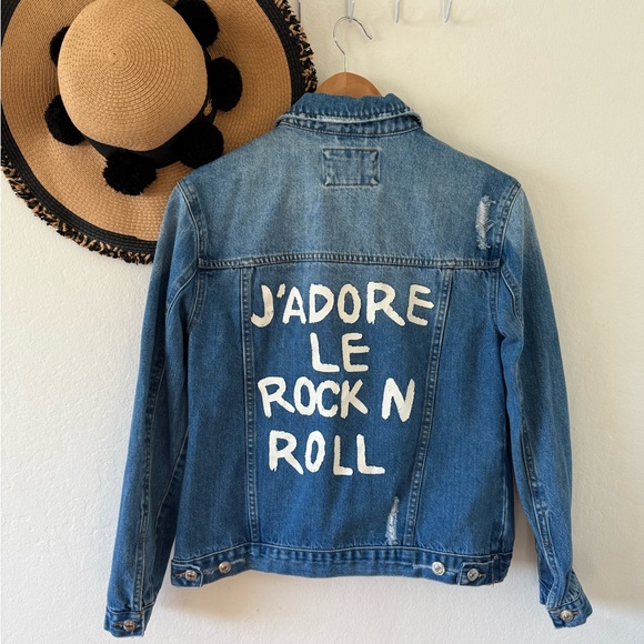 Forever 21 J’adore Le Rock N’ Roll Distressed Blue Denim Jean Jacket Small - Picture 3 of 13